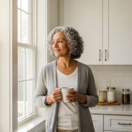 A woman with gray hair smiles while holding a mug in her kitchen, enjoying a quiet morning as part of her diabetes management routine.
