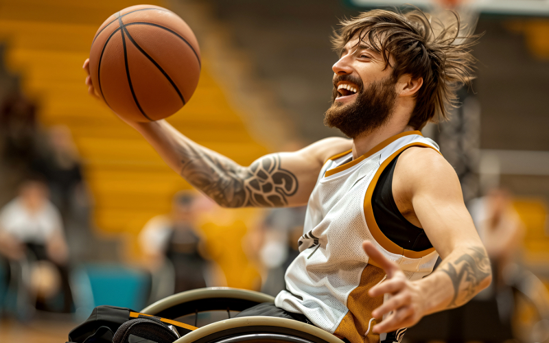 Person in wheelchair holding a basketball engaged in a game