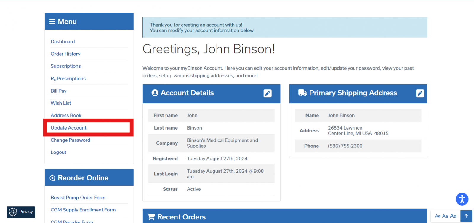 Screenshot of navigating to updating myBinson's account.